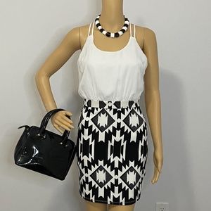 White halter chiffon like top w black white ikat patterned fitted mini skirt!
